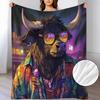 1pc Bull & Hawaiian Shirt Print Flannel Blanket - Soft Warm All-Season Throw with Bull's & Hibiscus Flower Design, Turquoise Necklace Bull for Bed, So