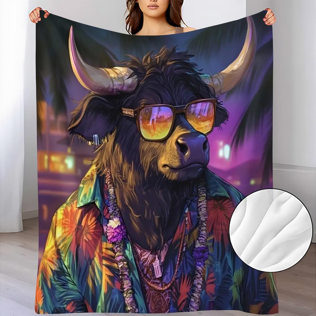 1pc Bull & Hawaiian Shirt Print Flannel Blanket - Soft Warm All-Season Throw with Bull's & Hibiscus Flower Design, Turquoise Necklace Bull for Bed, So