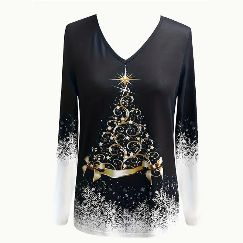 Christmas Tree Snowman Print Women Tshirts Ladies Tops Long Sleeve V-neck Pullover Femme T-shirts T Shirt For Women