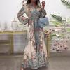 Женское платье макси нового стиля с V-образным вырезом, длинными рукавами и принтом в стиле ретро-дворца для весны
