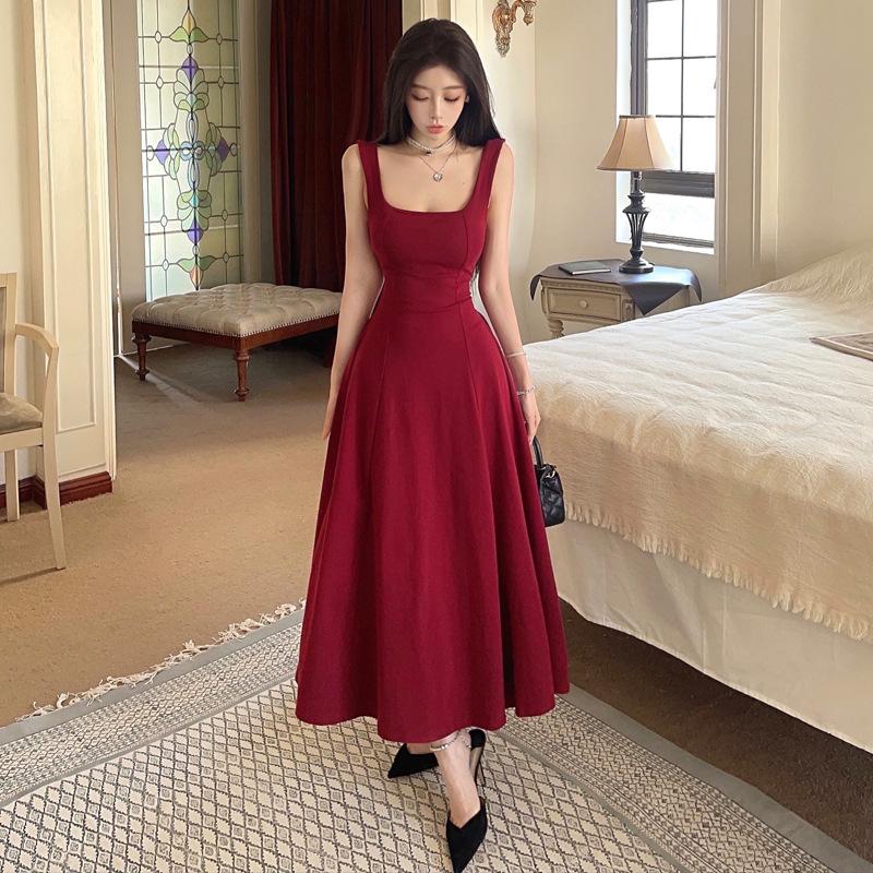 Женское французское платье высокого класса с U-образным вырезом и тонкой талией