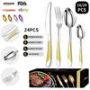 High-Value Gold-Plated 24-Piece Stainless Steel Tableware Set: Knife, Fork, and Spoon Set for 6, with Star Diamond Design and Gift Box.