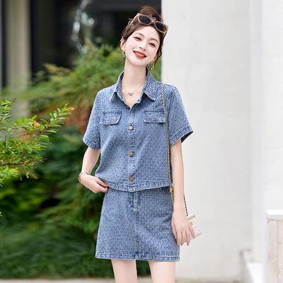 Модный костюм Xiaoxiang Fan женский летний новый повседневный джинсовый жакет с короткими рукавами и юбка, модный комплект из двух предметов