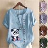 Women's Fashion Summer Round Neck Short Panda Prined Sleeve T-shirt Casual Cotton Linen Graphic Shirt Leisure Loose Blouse Tops Plus Size