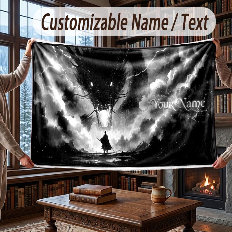 Dragon Theme Throw Blanket Custom Name Text Personalized Blanket Soft Cozy Blanket for Home Sofa Bed