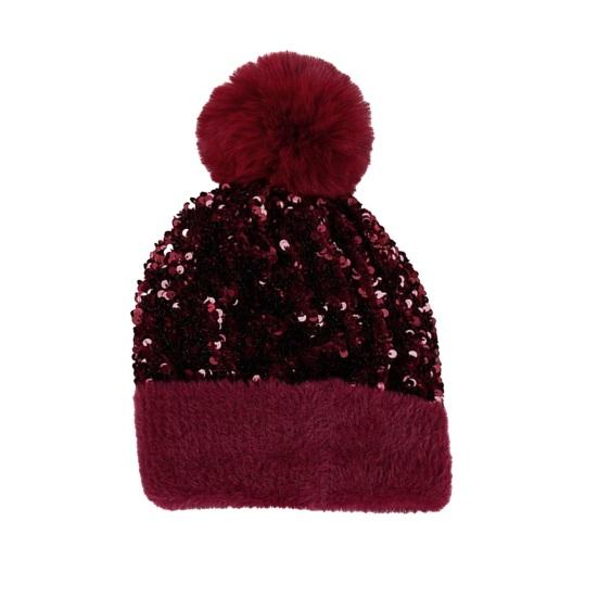 Женская вязаная шапка с плюшевым помпоном, украшенная блестящими пайетками, шапка без полей, зимняя теплая пушистая панама, головной убор