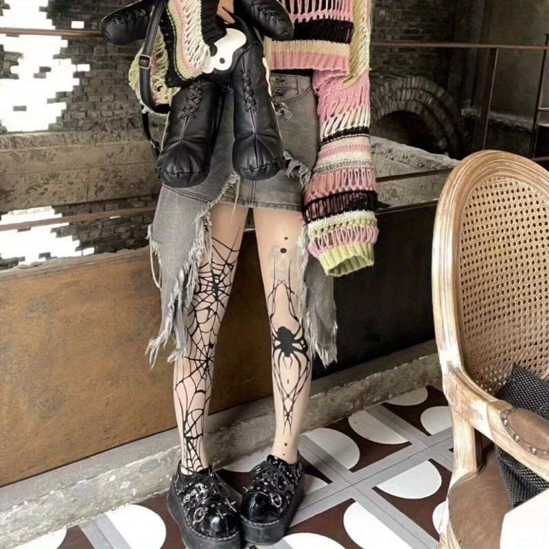 Goth Big Spider Pattern Silk Stockings Gothic Vintage Dark Fishnet Tights Women Alternative Sexy Spider Web Witch Pantyhose
