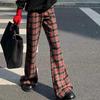 Женские повседневные брюки-клеш в клетку в стиле ретро, ​​уличные брюки-клеш в винтажном стиле для молодых девушек, женские прямые брюки-клеш с высокой талией