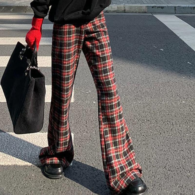 Женские повседневные брюки-клеш в клетку в стиле ретро, ​​уличные брюки-клеш в винтажном стиле для молодых девушек, женские прямые брюки-клеш с высокой талией