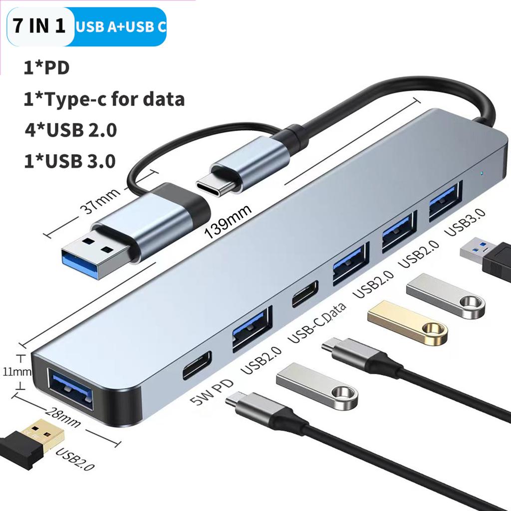 2217 USB A+USB C Hub Adapter 7 In 1 Multi Port USB Docking Station with USB3.0+USB2.0*4+PD+USB C Data Port Extension