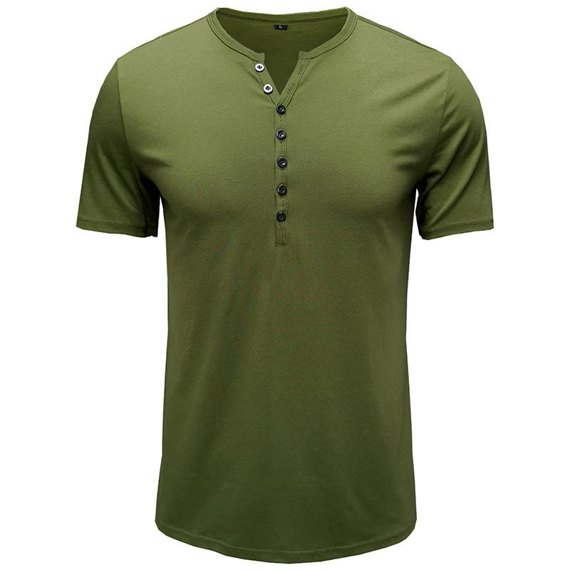 Men Henley Collar Short Sleeve Solid Color Slim Fit Button Placket Casual Basic T Shirt