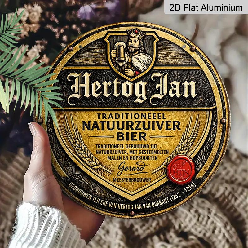 Плоский 2D, 1 шт. Круглый алюминиевый знак пива Hertog Jan, Винтажный голландский дизайн этикетки "Natuurzuiver Bier", Ретро-дизайн с эффектом потертости, Золотой и черный принт, Водонепроницаемый