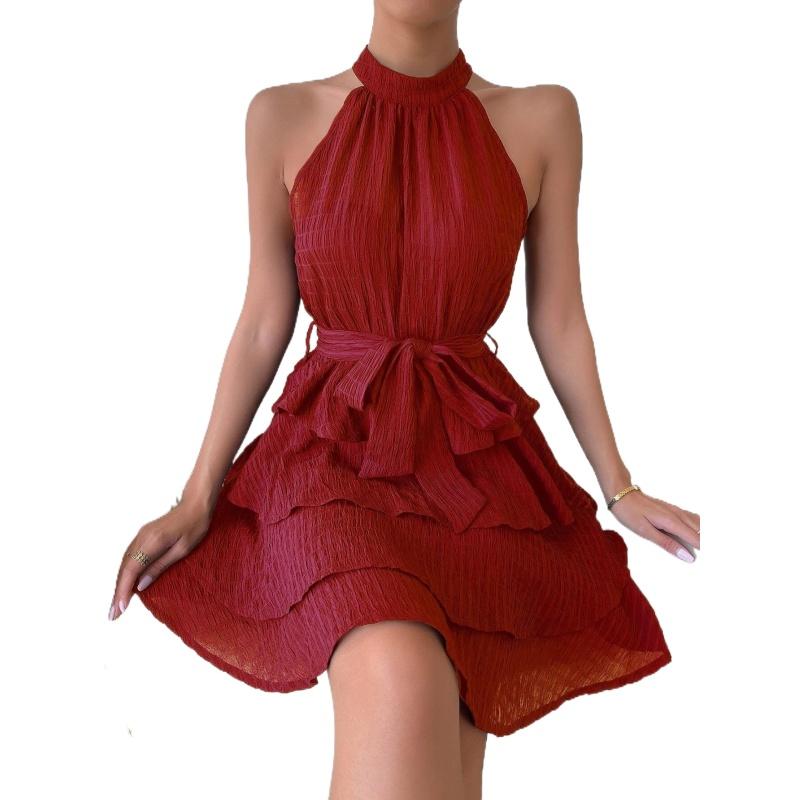 Новое летнее европейское и американское женское платье без рукавов с рюшами и висячим вырезом с круглым вырезом, платье S-XL