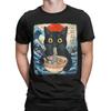 Funny Japanese Black Cat Ramen T-Shirt Men Crew Neck 100% Cotton T Shirts Kawaii Noodle Cat Short Sleeve Tees Birthday Gift Tops