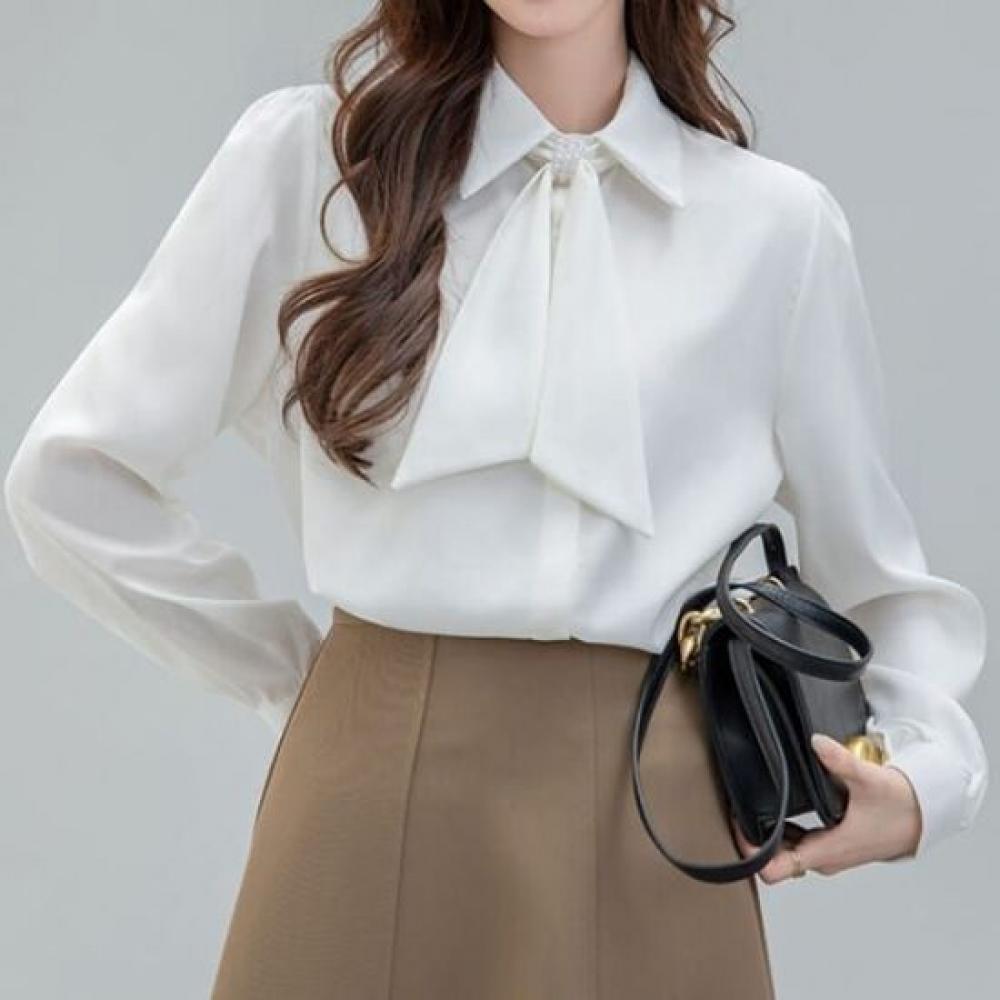 Navava Women Ribbon Neck Collar Long Sleeve Shirt Nb2931