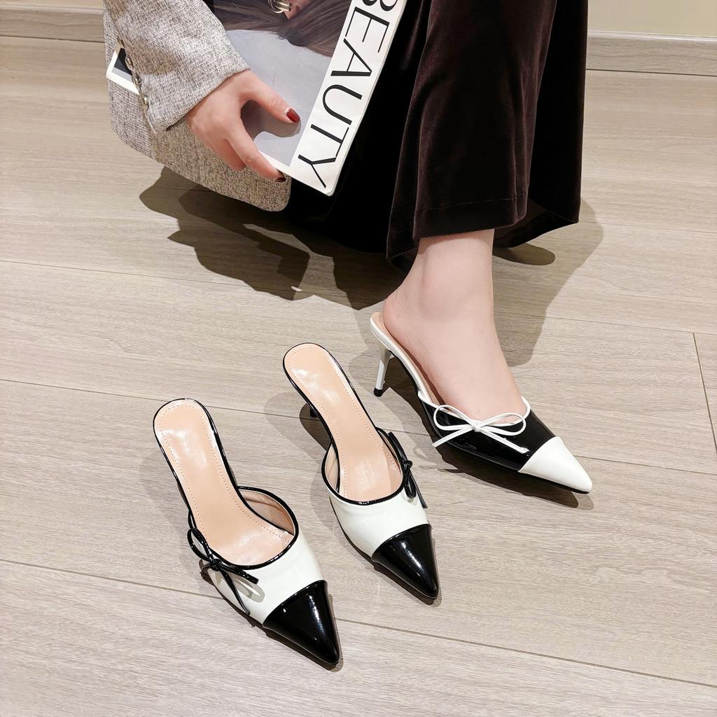 2025 New High-heeled 7CM Sandals for Women, Color Blocked Butterfly Bow Pointed Plus Size Women's Shoes