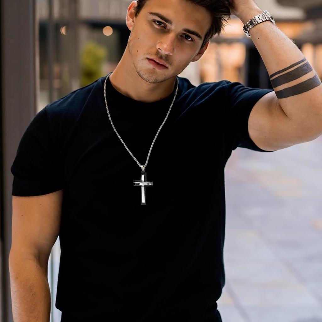 Стильные многослойные necklaces с крестом для мужчин и мальчиков, двухцветный черный серебристый цвет, подвеска-крест, религиозный молитвенный ожерелье