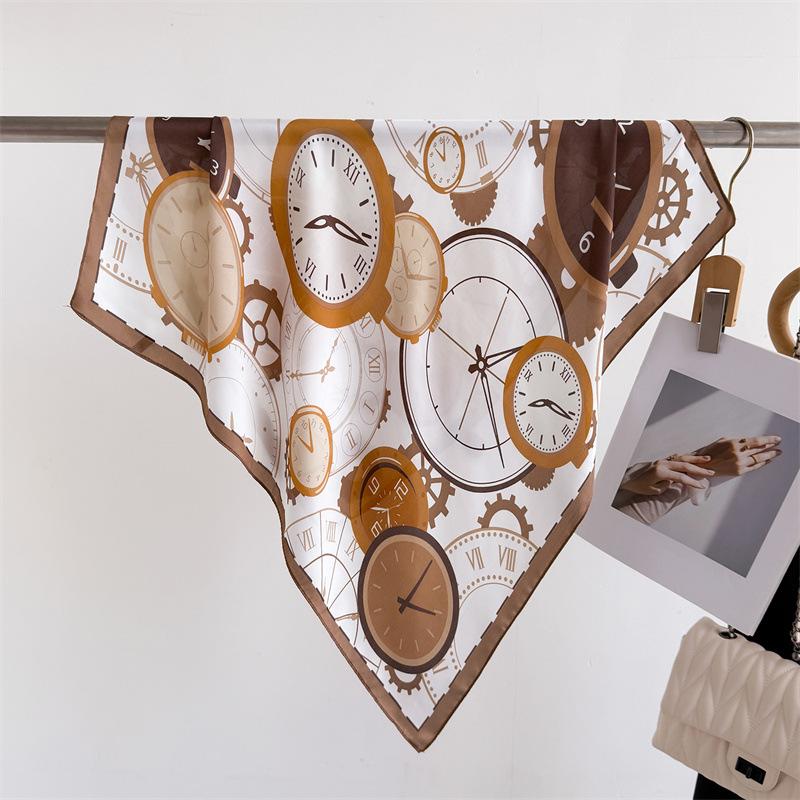 Clock Print Square Scarf Women‘s Print Scarf Luxury Imitation Silk Neckerchief Bandanas Foulard Hairbands Wraps For Travel Beach