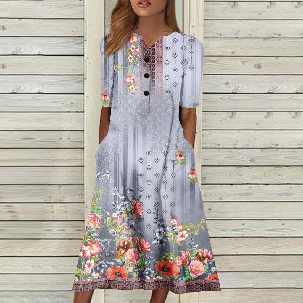 Women's Summer Casual Printing Fashion V-neck Short Sleeved Beach Swing Skirt