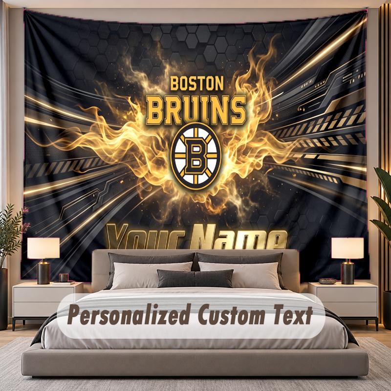 Custom Name Text Tapestry Boston Bruins Personalized Polyester Wall Tapestry For Bedroom And Room