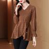 Commute Solid Color Lace Shirt Spring Autumn Long Sleeve Stylish Asymmetrical Women's Clothing V-Neck Slim Drawstring Blouse New