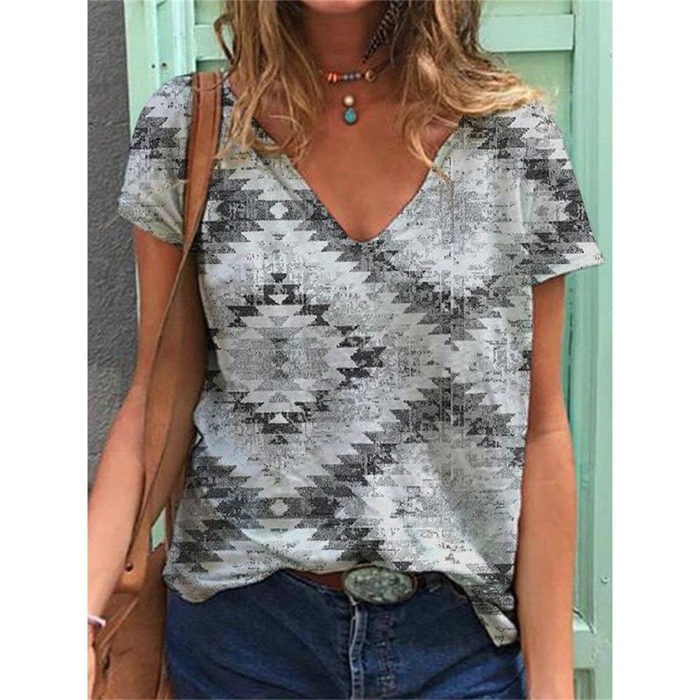 Geometric Graphics 3D Print T-Shirts Women Ethnic Style Vintage Streetwear T Shirt Y2k Tops Woman V-Neck Tees Oversized Clothing