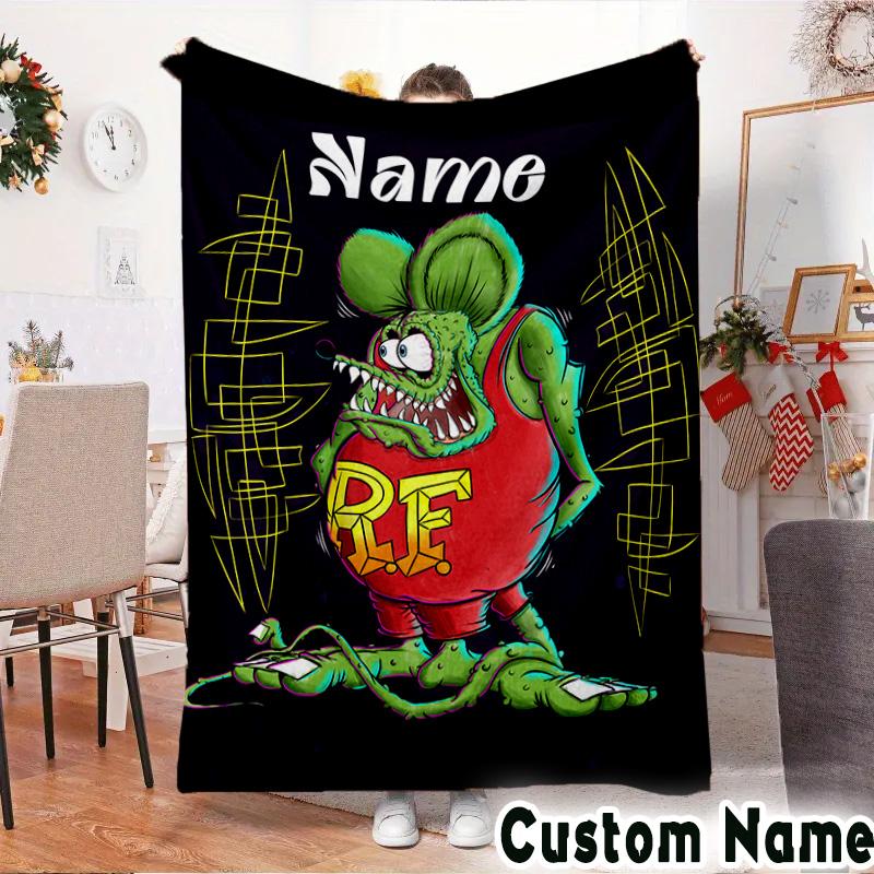 Custom Name Rat Fink Truck Adventure Throws Blanket Flannel Blankets for Couch Bed Gifts for Men Women Picnic blanket Christmas fan gifts
