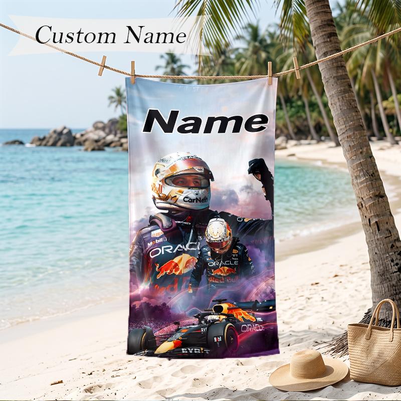 Max Verstappen Custom Name Printed Beach Towel Personalized Soft Towel For Swimming Beach Travel