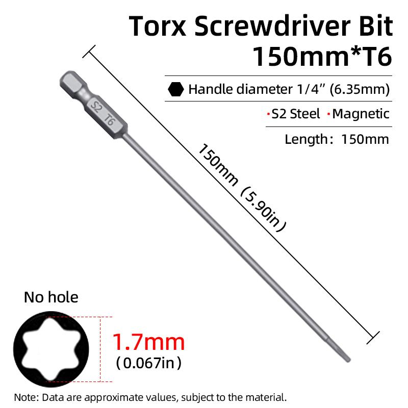 Магнитная отвертка Torx 150 мм T6-T40 1/4" шестигранный хвостовик полое отверстие сливовый цветок безопасные биты S2 сталь электрический ручной инструмент