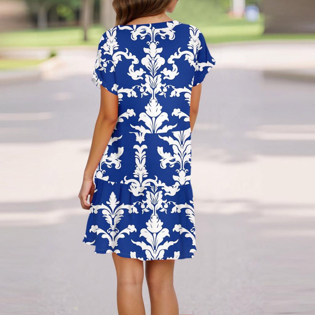Women's Fashion Casual Round Neck Short Sleeve Leaf Floral Print Dress