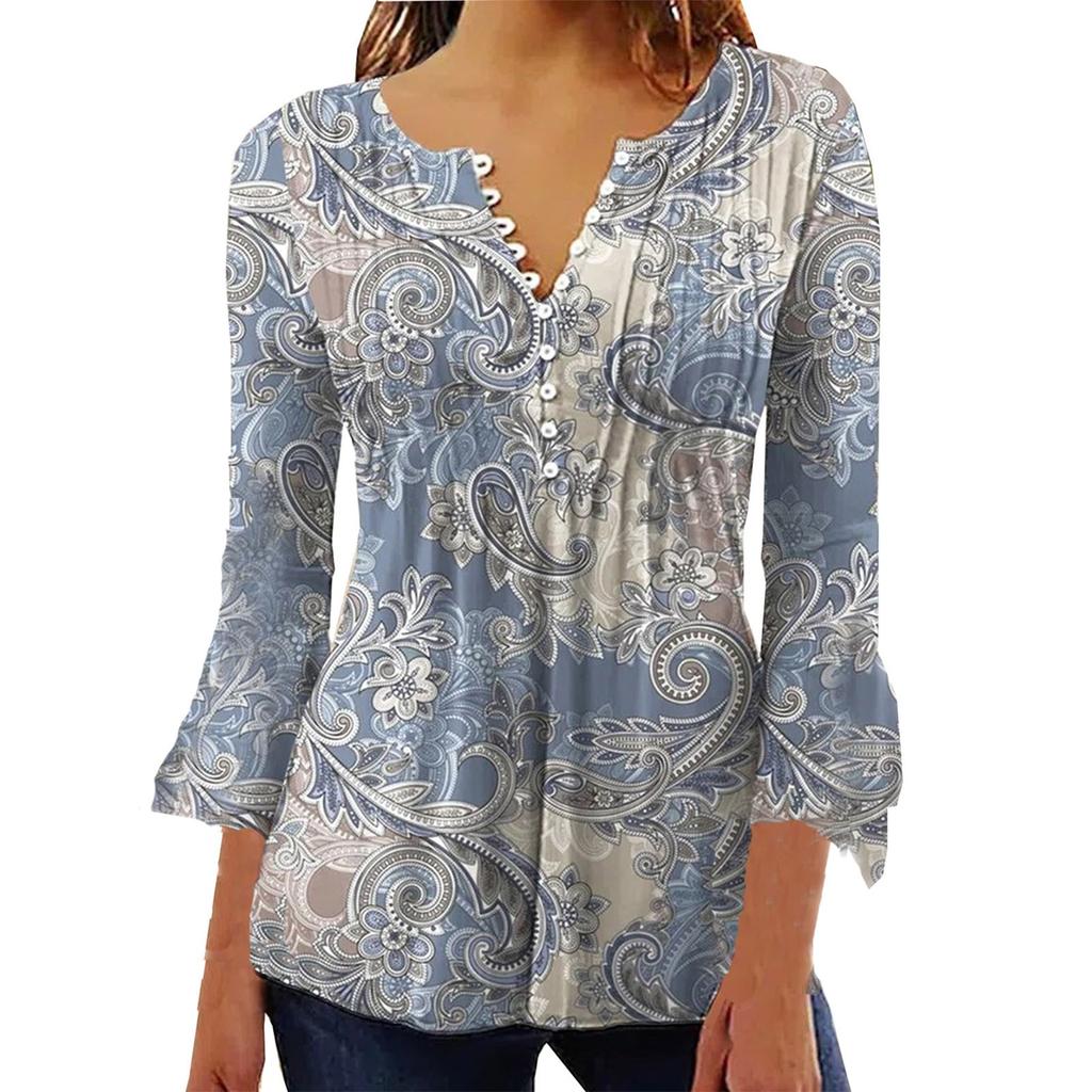 Женская футболка с v-образным вырезом и коротким рукавом с цветочным принтом и пуговицами