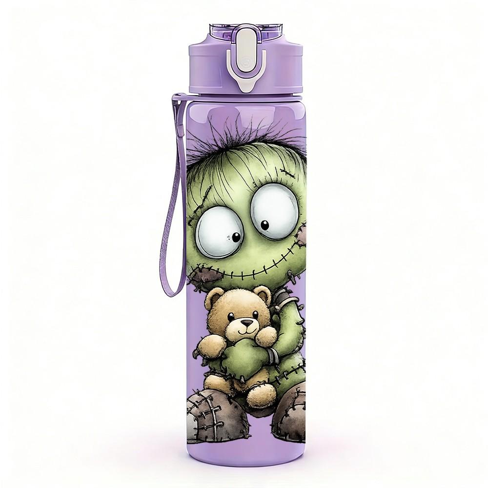1PC Zombie Bear Spooky Cute Cartoon Print 750ml Color Plastic Sports Water Bottle Leakproof Flip Straw Lid Suitable for Sports Office Home Use