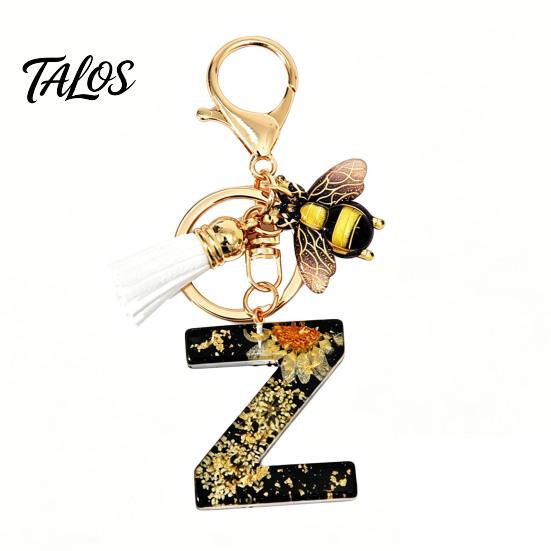Talos Black Series Keychain Pendant, Dried Flower Initial Letter Charm Key Chain with Bee Tassel Design, A-Z Holder for Bag Purse Backpack