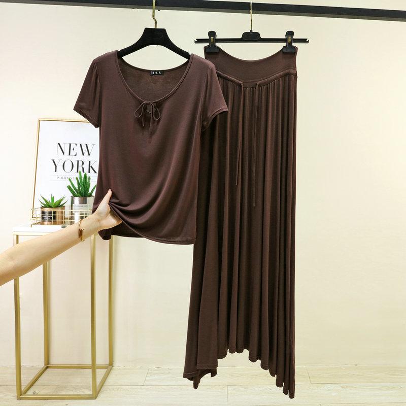 Женский летний комплект пижамы из модала Большие размеры от M до 6XL Футболка с коротким рукавом и галстуком-завязкой и длинная юбка на кулиске с высокой талией Повседневная модная комплектация из 2 предметов
