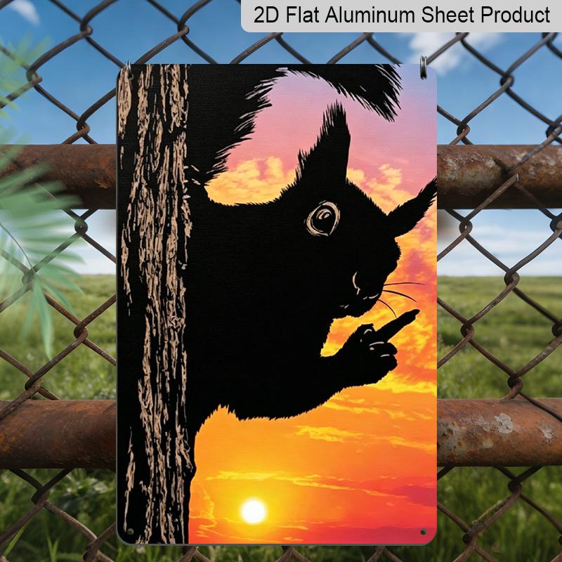 2D Flat, Funny Squirrel Middle Finger Sunset Metal Aluminum Sign - Retro Humorous Animal Wall Decor Man Cave, Garage, Bar Decor, Patio, Garden