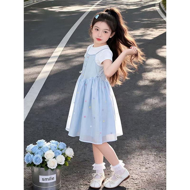 Girls Summer Mesh Princess Dress Medium Large Kids Short Sleeve Fake Two Piece Sweet Party Gown
