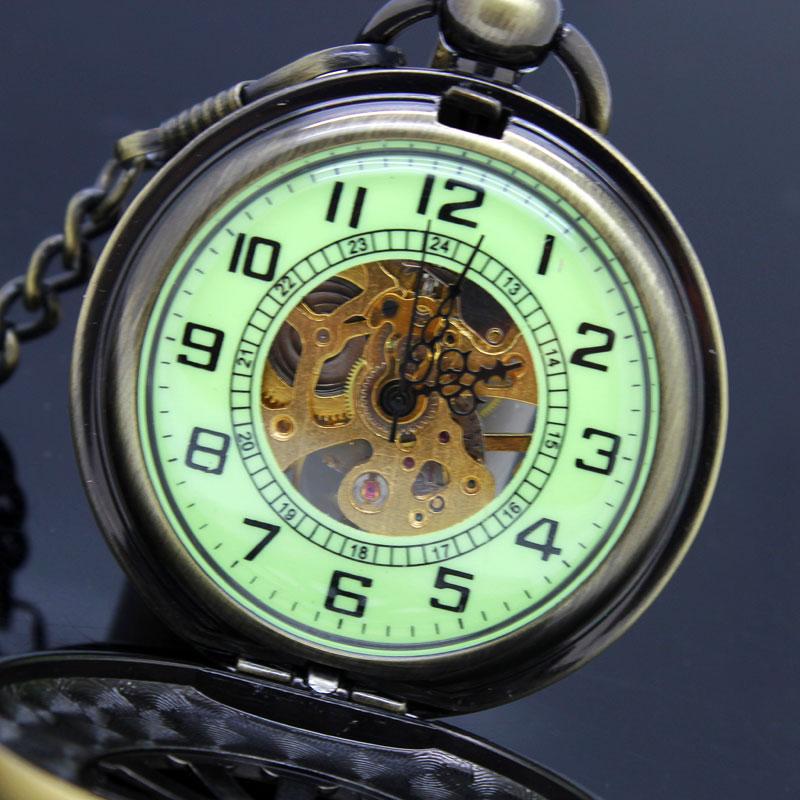 Luxury Luminous Mechanical Pocket Watch Bronze Hollow Wheel Hand-Winding Steampunk Pocket Hanging Chain Antique Watch Best Gifts