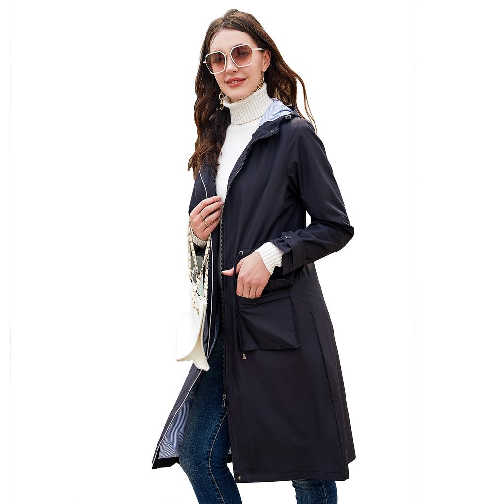 Waterproof Jacket Women Hooded Trench Fashion Outdoor Windbreaker Coat Loose Striped Lining Drawstring Long Blazer Autumn Winter