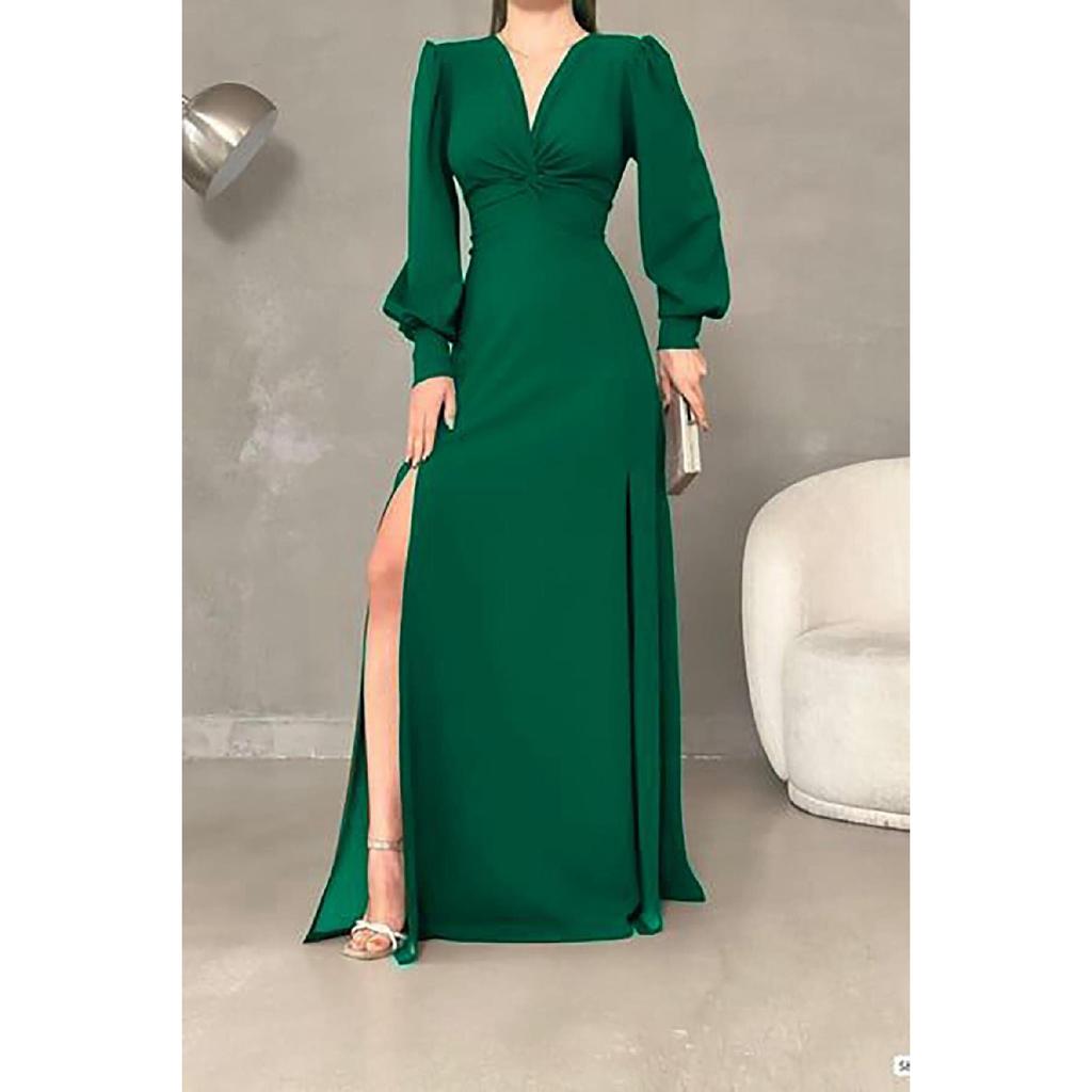 Black Crepe Fabric Front Knot Detail Maxi Length Long Sleeve Double Slit Dress