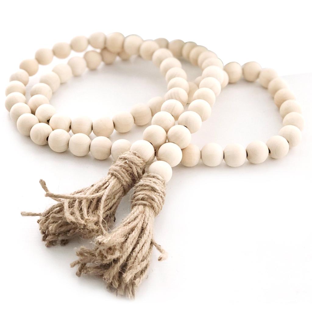 Wooden Beaded Garland with Tassel Rustic Look Farmhouse Style Wall Tray Decoration