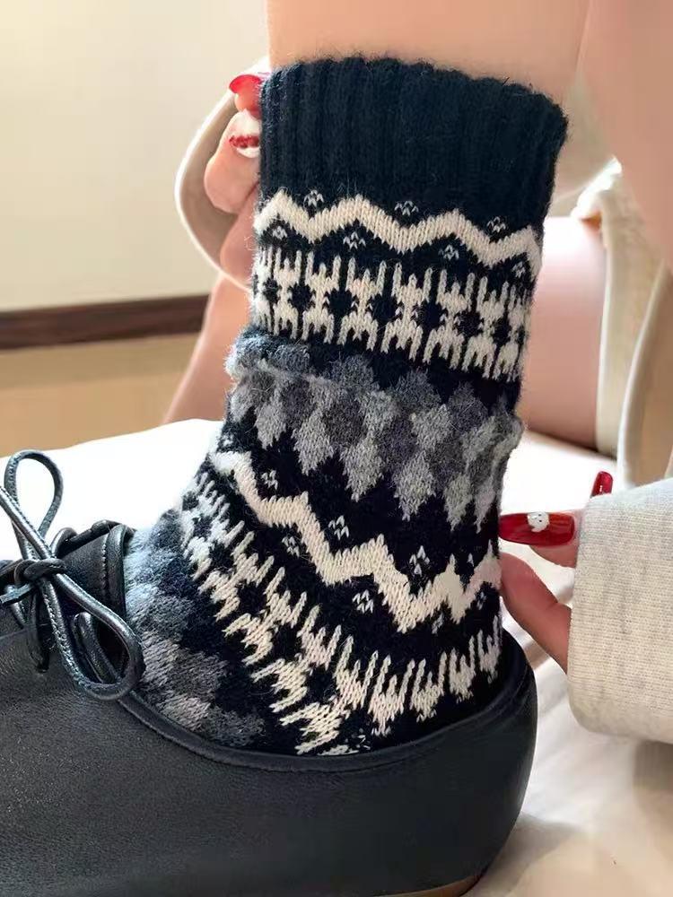 Норвежские шерстяные носки с узором Fair Isle и ромбами, с оборками - Теплые, Ретро, Этнический стиль, Зимняя одежда