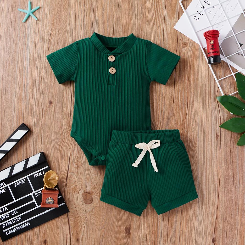 2Pcs Unisex Baby Summer Outfits, Solid Color Ribbed Stand Collar Short Sleeves Romper + Elastic Waist Shorts for Toddler