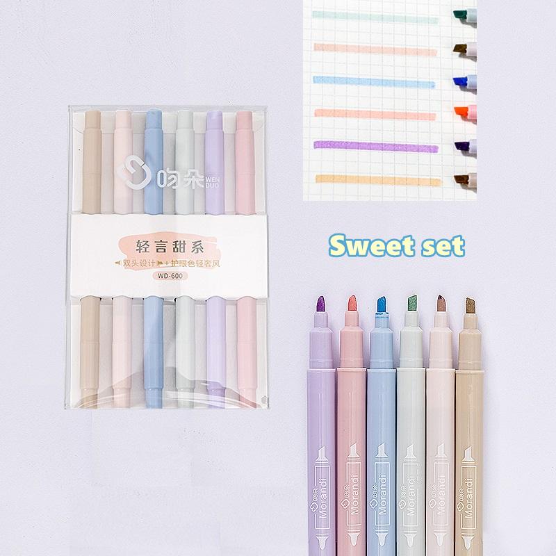 6pcs Light Color Highlighter Marker Pen Set Double Ended Oblique / Brush Tip Spot Liner Drawing Painter Office School