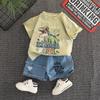 Комплект из 2 предметов для мальчиков из хлопка - Футболка с коротким рукавом с мультяшным динозавром + Повседневные джинсовые шорты - Удобный повседневный наряд -S-XXL