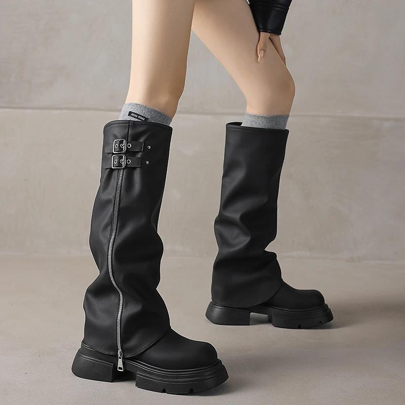 Женская обувь 2024 года, модные женские ботинки с отворотом и молнией, осенние, с круглым носком, на среднем каблуке, водонепроницаемые, в корейском стиле