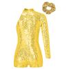 Girls Sparkly Sequin Gymnastics Leotard One Shoulder Long Sleeve Bodysuit with Hair Tie Jazz Dancewear