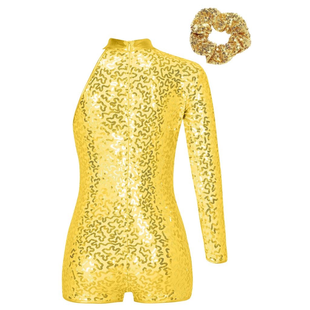 Girls Sparkly Sequin Gymnastics Leotard One Shoulder Long Sleeve Bodysuit with Hair Tie Jazz Dancewear