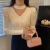 Корейский модный кардиган с v-образным вырезом на шее, женские вязаные топы, осень-зима 2023, свитер во французском стиле с пышными рукавами, одежда 28990