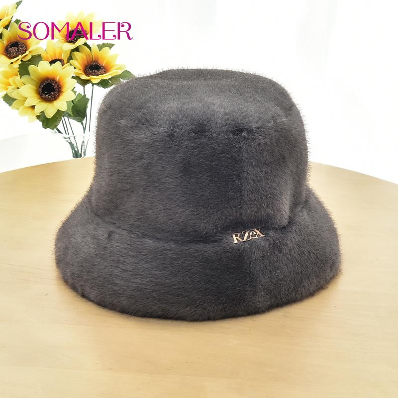 SOMALER Winter Faux Rabbit Fur Knitted Bucket Hats for Women Plain Color Warm Knitted Bucket Hats