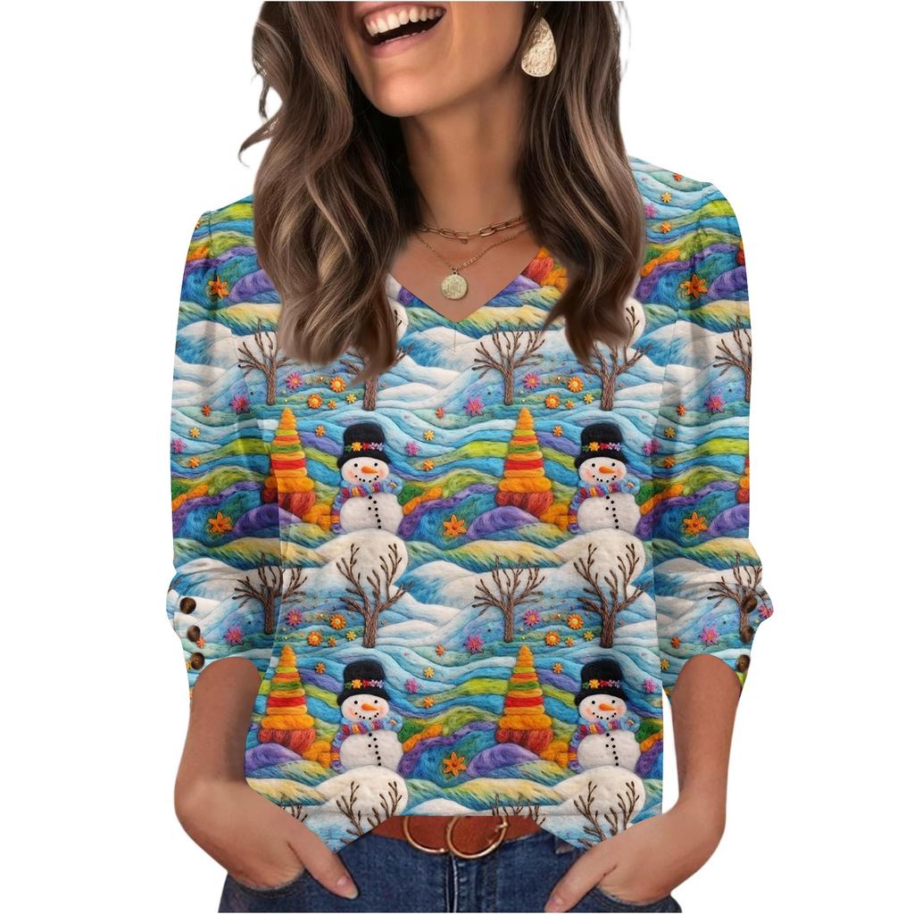 Women's Fashionable Casual Christmas Printed V-neck Top